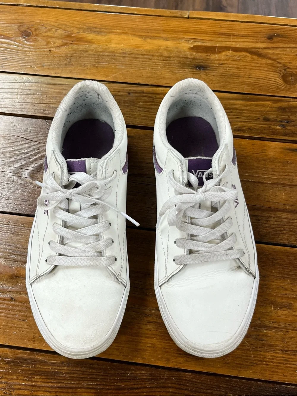 Vans Women’s White Low-Top Sneakers with Purple Stripe
